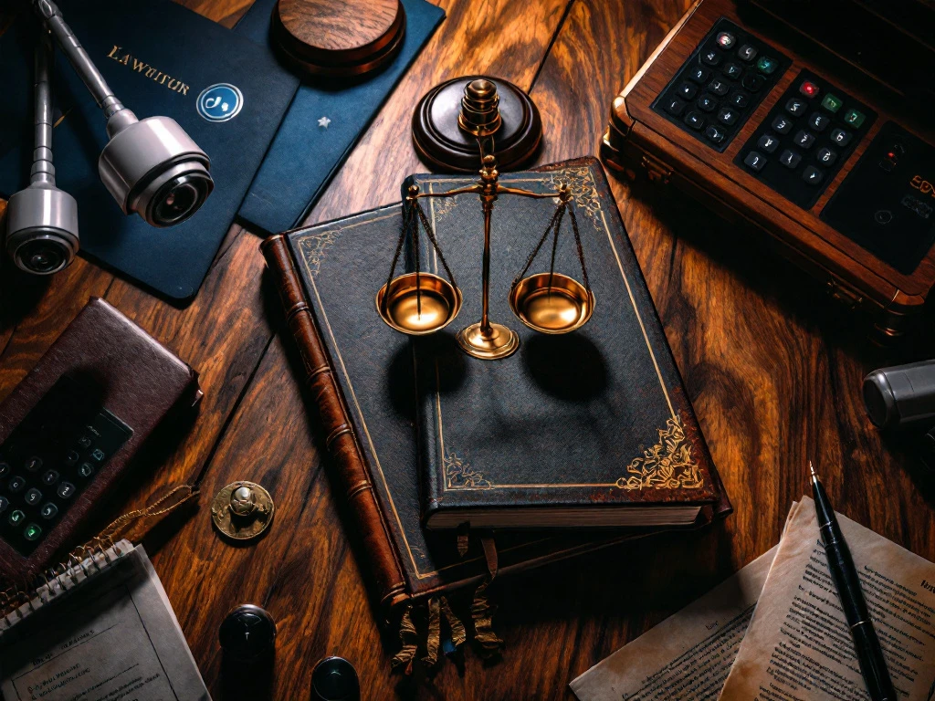 juridische-beveiliging-technologie-bureau-overhead.jpg Gouden weegschaal op open wetboek met hamer en beveiligingsapparatuur op mahonie bureau, professionele juridische werkplek