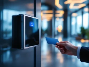 Professionele hand houdt toegangskaart bij moderne keycard scanner op glazen kantoor deur met blauwe LED verlichting