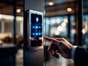 Professionele hand houdt beveiligingsbadge bij moderne keycard toegangspaneel op glazen kantoor deur met LED indicatoren