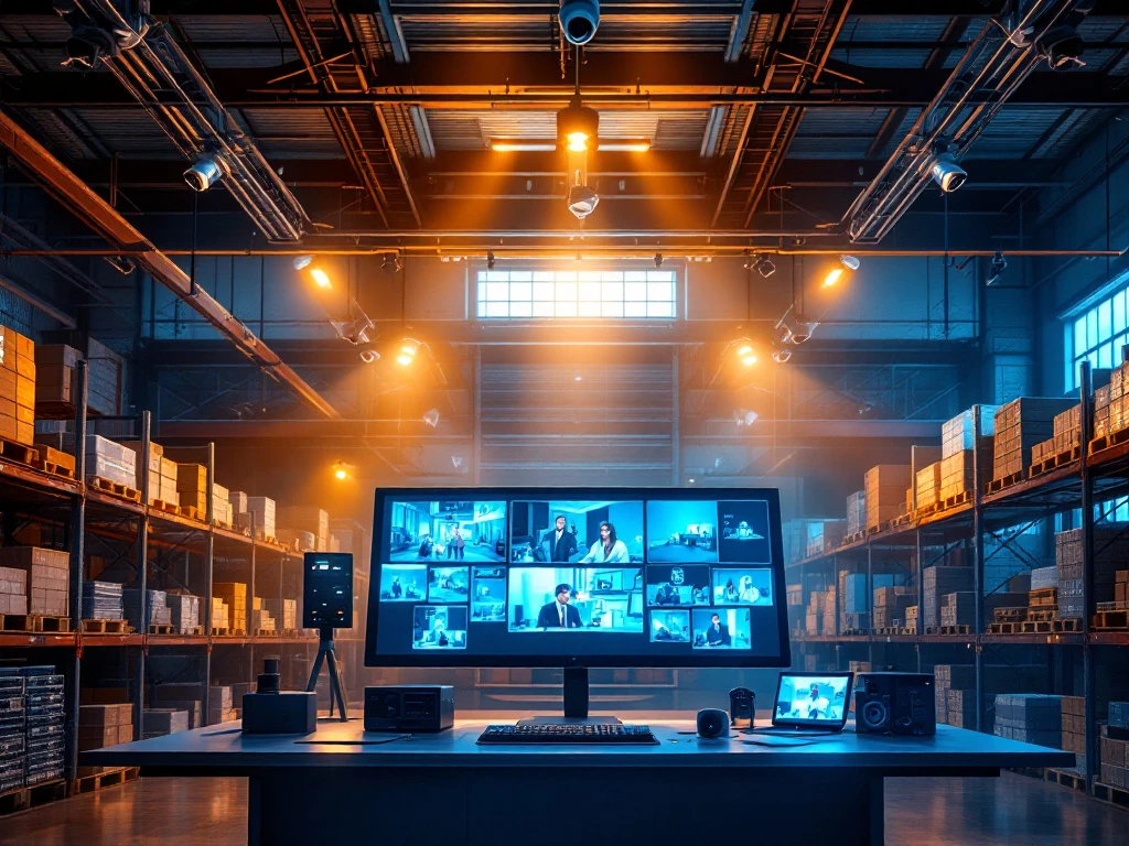warehouse-beveiliging-camera-systemen-bewaking.jpg Magazijn beveiligingssysteem met CCTV-camera's, bewakingsmonitoren en toegangscontrole in professionele setting