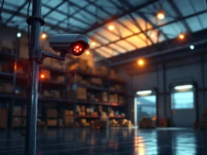 Beveiligingscamera bewaakt magazijn met stellingen vol dozen tijdens schemering, warme verlichting contrasteert met schaduwen