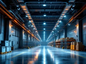 Moderne magazijn met beveiligingscamera's, bewegingssensoren, LED-verlichting en toegangscontrole tussen opslagrekken