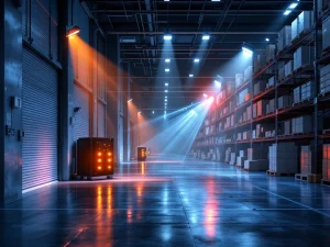 Magazijninterieur met beveiligingssystemen: camera's, sensoren en infraroodstralen tussen metalen stellingen met dozen