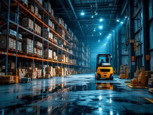 Magazijn interieur met veiligheidshazards: hoge stellingen, vorkheftruck, gemorste vloeistof en beveiligingscamera's