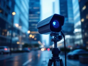 Professionele mobiele bewakingscamera op statief met blauwe LED-indicatoren voor moderne stedelijke beveiliging