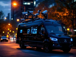 Zwarte mobiele bewakingswagen met beveiligingscamera's op uitschuifbare mast geparkeerd bij schemering onder straatverlichting