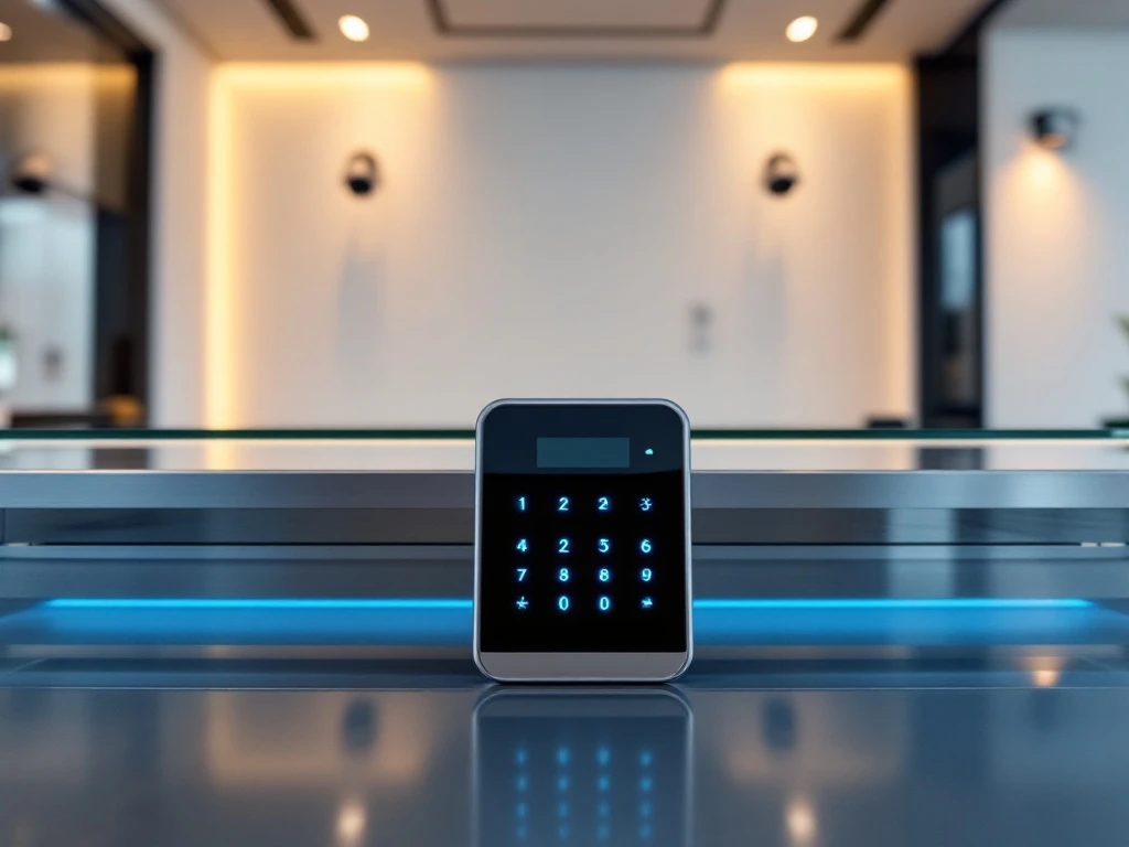 moderne-kantoor-receptie-beveiliging-systeem.jpg Moderne receptiebalie met glazen panelen, stalen oppervlakken en blauw verlicht beveiligingssysteem in elegante kantooromgeving