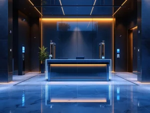 Moderne glazen receptiebalie in elegante bedrijfslobby met beveiligingscheckpoint en marmeren vloeren