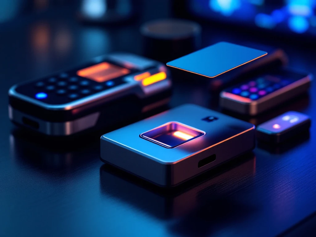 toegangscontrole-systemen-biometrisch-keycard-rfid.jpg Moderne toegangscontrolesystemen met vingerafdrukscanner, kaartlezer en numeriek toetsenbord op donkere ondergrond