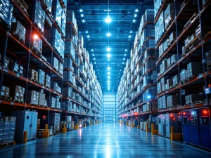 Moderne magazijnhal met beveiligingscamera's, toegangscontrole en hoge stellingkasten onder industriële verlichting