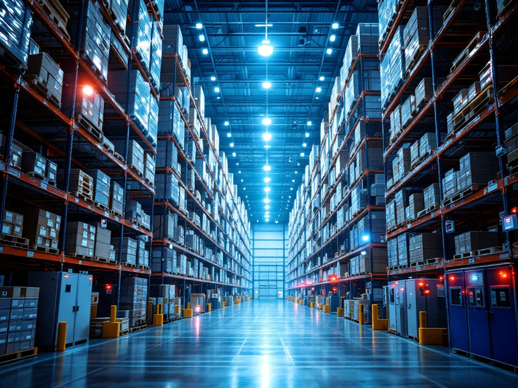 magazijn-beveiligingssystemen-surveillance-cameras.jpg Moderne magazijnhal met beveiligingscamera's, toegangscontrole en hoge stellingkasten onder industriële verlichting