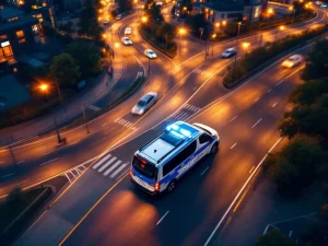 Beveiligingsvoertuig met blauw-witte markering patrouilleert door verlichte stadsstraten bij schemering vanuit vogelperspectief