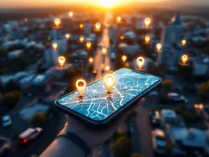 Luchtfoto van smartphone met GPS-kaart en beveiligingsvoertuigen strategisch gepositioneerd in stedelijk gebied tijdens gouden uur