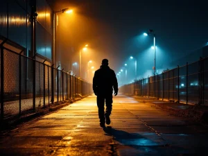 Beveiligingsagent loopt 's nachts langs verlichte omheining van industrieel terrein met bewakingscamera's en sensoren