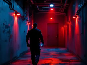 Beveiligingsbeambte met zaklamp en radio loopt door industriële gang met rode alarmverlichting tijdens nachtelijke patrouille