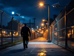 Beveiligingsmedewerker patrouillert 's nachts langs industrieel hek met CCTV-camera's en veiligheidsverlichting