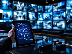 Beveiligingsmedewerker houdt tablet met routekaart vast bij controlekamer met CCTV-monitors en walkie-talkie