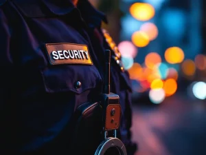 Beveiligingsbeambte uniform met officiële badges, portofoon en handboeien aan tactische riem bij nacht