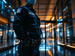 Professionele beveiliger in uniform met uitrusting staat in moderne kantoorlobby tijdens nachtdienst