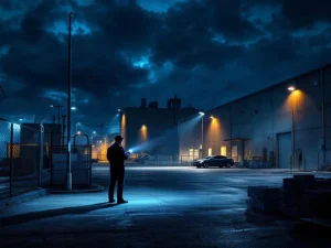 Beveiligingsbeambte patrouillert 's nachts bij modern bedrijvencomplex met verlichting, camera's en hekwerk