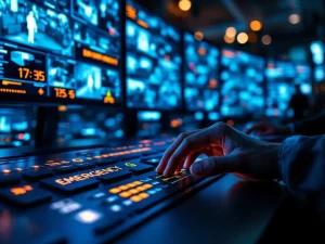 Beveiligingsoperator bedient verlichte controlepaneel in moderne beveiligingscentrale met meerdere surveillancemonitors