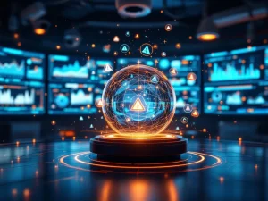 Futuristische beveiligingscontrolekamer met holografische risicoanalyse en voorspellende technologie op meerdere monitoren