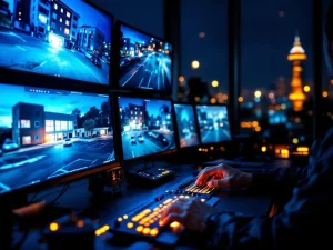 Beveiligingsmedewerker bedient bewakingsmonitoren in moderne controlekamer tijdens nachtdienst met stadsverlichting op achtergrond