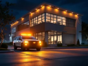 Moderne kantoorgebouw 's nachts met beveiligingsvoertuig, camera's en professionele verlichting voor beveiliging