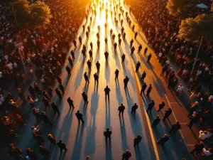 Beveiligingspersoneel in donkere uniformen beheert menigte tijdens buitenevenement vanuit luchtperspectief bij gouden uur