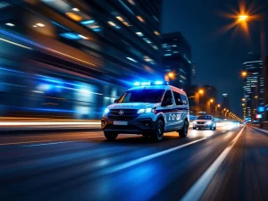 Beveiligingsvoertuig met blauwe zwaailichten rijdt 's nachts door stedelijke straat naar verlicht kantoorgebouw