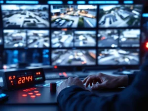 Beveiligingsoperator bedient controlepaneel met meerdere monitors die live bewakingsbeelden tonen in moderne controlekamer