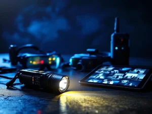 Professionele beveiligingsapparatuur 's nachts: portofoon, zaklamp, tablet met bewakingsbeelden en nachtkijker