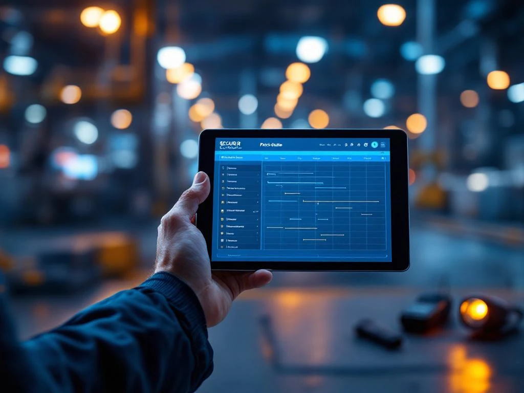 security-guard-digitale-tablet-patrouille-schema.jpg Beveiligingsmedewerker houdt tablet met patrouilleschema vast bij verlichte industriële faciliteit 's nachts