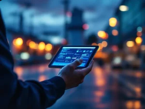 Beveiligingsbeambte houdt digitale tablet met rapportage-interface vast bij industrieel gebouw tijdens avondpatrouille