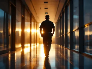 Beveiligingsbeambte loopt door moderne kantoorgang bij schemering met dramatische verlichting en lange schaduwen