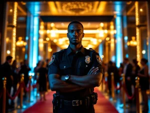 Professionele beveiligingsbeambte in donker uniform bij ingang luxe evenementenlocatie met gouden verlichting