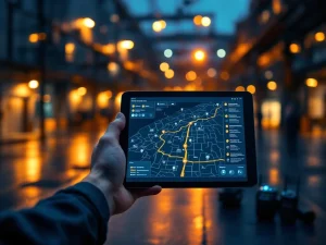 Beveiligingsbeambte houdt tablet met routekaart vast bij verlicht industrieel gebouw tijdens avondpatrouille