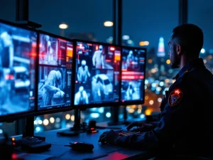 Beveiligingsbeambte monitort verdachte activiteit op meerdere schermen in high-tech controlekamer 's nachts