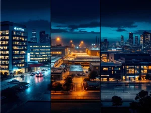 Nachtelijk stadsbeeld met beveiligde ziekenhuis, industrieel complex en winkelcentra onder gouden verlichting