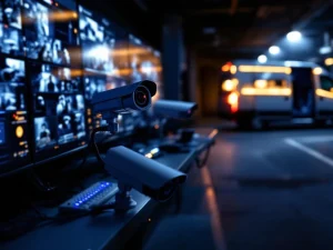 Moderne beveiligingscentrale met monitoren en mobiele surveillancewagen op straat bij schemering met CCTV-camera's