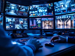 Beveiligingsoperator bedient controlepaneel met meerdere monitors die bewakingscamera's en alarmsystemen tonen