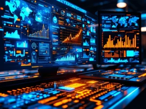 Futuristisch beveiligingscentrum met gloeiende monitoren, holografische grafieken en AI-datavisualisatie in blauw en oranje