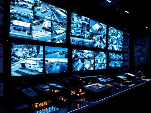 Moderne beveiligingscontrolekamer met meerdere surveillancemonitoren en verlichte bedieningspanelen met blauwe LED-verlichting