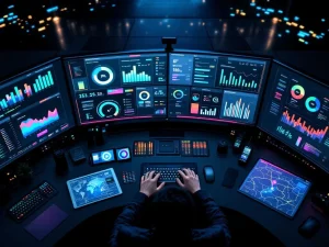 Moderne beveiligingscontrolekamer met meerdere monitoren die KPI-dashboards, analytics en GPS-patrouilleroutes tonen