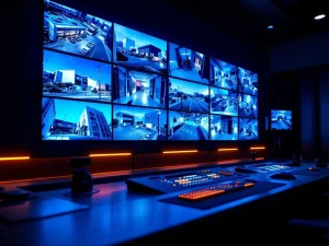 Professionele beveiligingscontrolekamer met meerdere monitorschermen die bewakingscamera's tonen in blauw licht