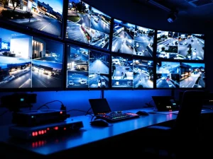 Professionele beveiligingscontrolekamer met meerdere surveillancemonitors en moderne controlepanelen in blauw licht