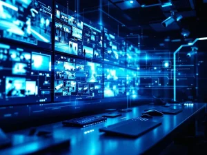 Moderne beveiligingscontrolekamer met blauwe verlichting, meerdere monitoren met bewakingsbeelden en geavanceerde technologie