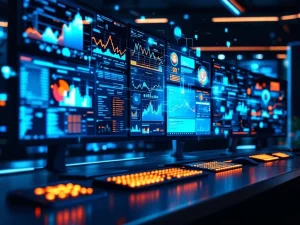 Moderne beveiligingscontrolekamer met meerdere monitors die surveillancebeelden en data-analyses tonen in blauw licht