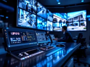 Moderne beveiligingscontrolekamer met meerdere monitoren die live bewakingsbeelden tonen en verlichte bedieningspanelen