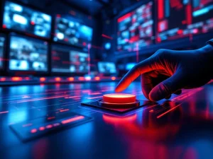 Beveiligingsmedewerker activeert rode noodknop in controleruimte met surveillancemonitoren en alarmlichten